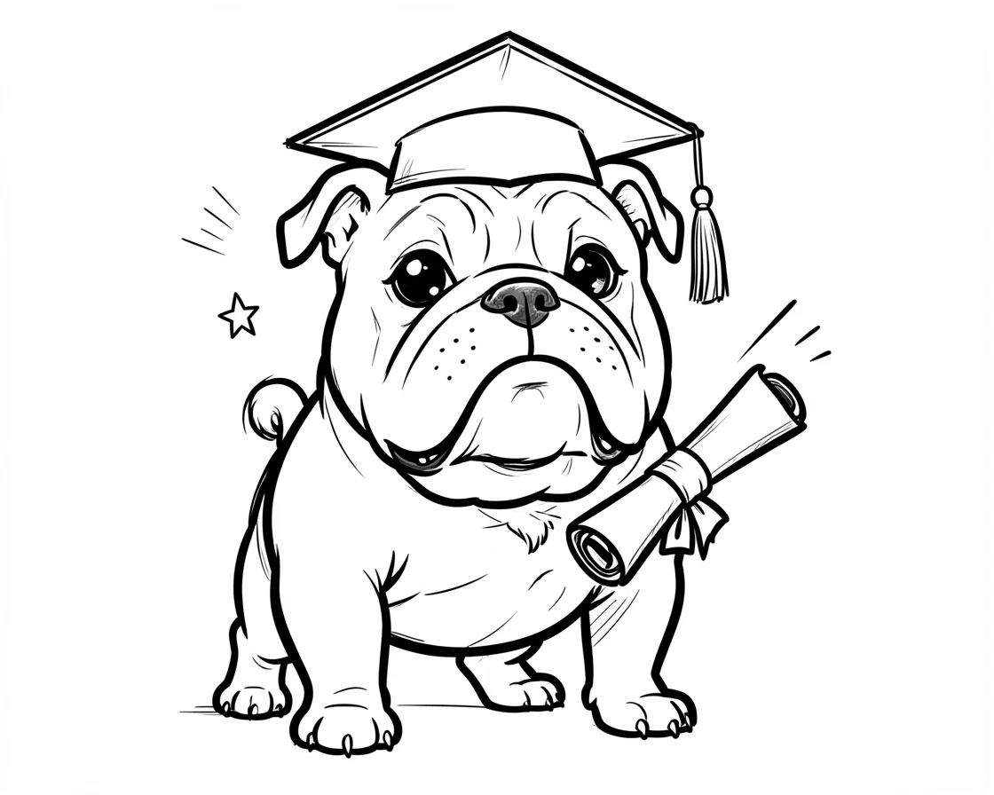 [Cute Animals & Pets] Adorable scene of a proud bulldog wearing a graduation cap and diploma, bursting with charm and playful energy