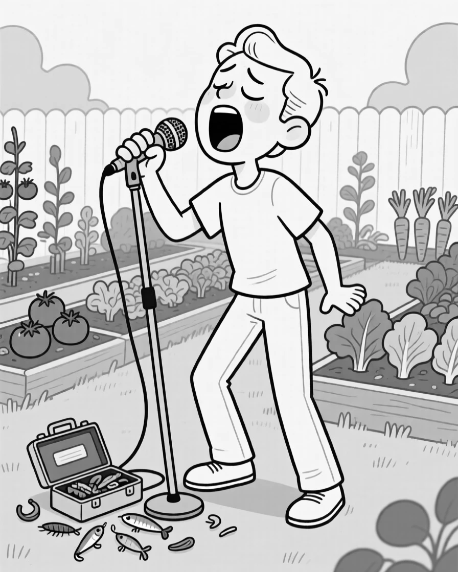 A karaoke singer belting a note with eyes squeezed shut, clinging on with one hand and a wide-eyed grimace, set in a backyard vegetable garden. A tackle box lies open, lures spilling out. The image is a playful ode to hobbies people truly love.