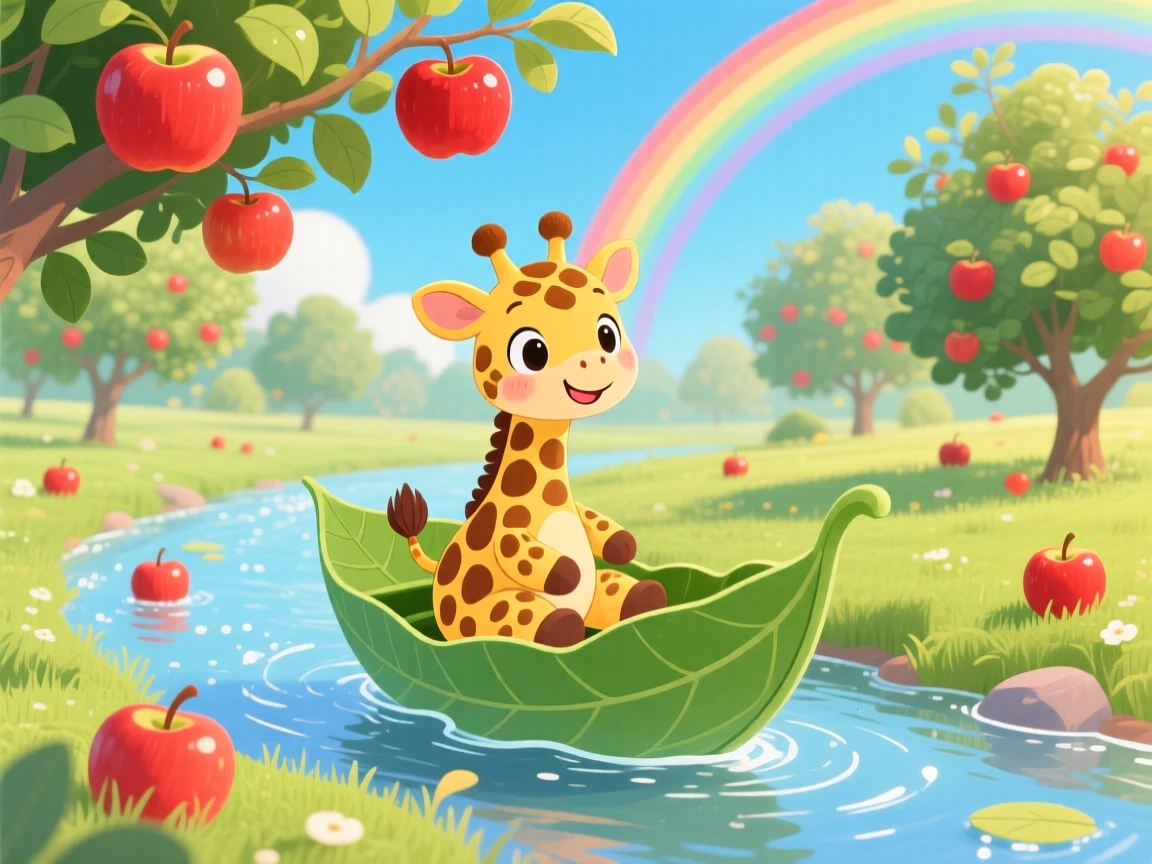 A spotted baby giraffe is riding a leaf boat down a stream in an apple orchard, with a rainbow arching in the distance.