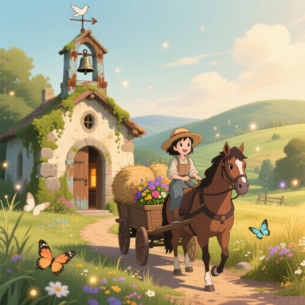 A countryside chapel with a weathered bell tower, with a horse-drawn cart trundling down the lane, under a warm afternoon sun.