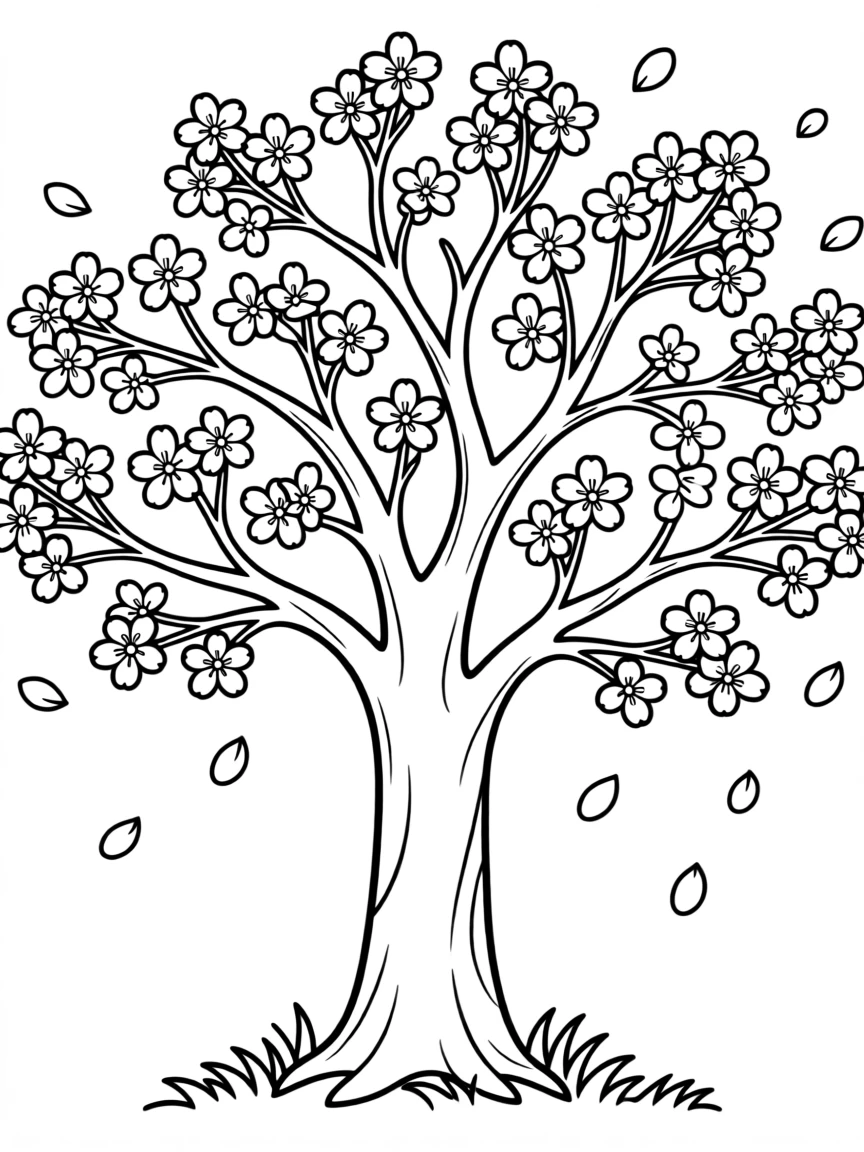 A cherry blossom tree with petals drifting in the breeze