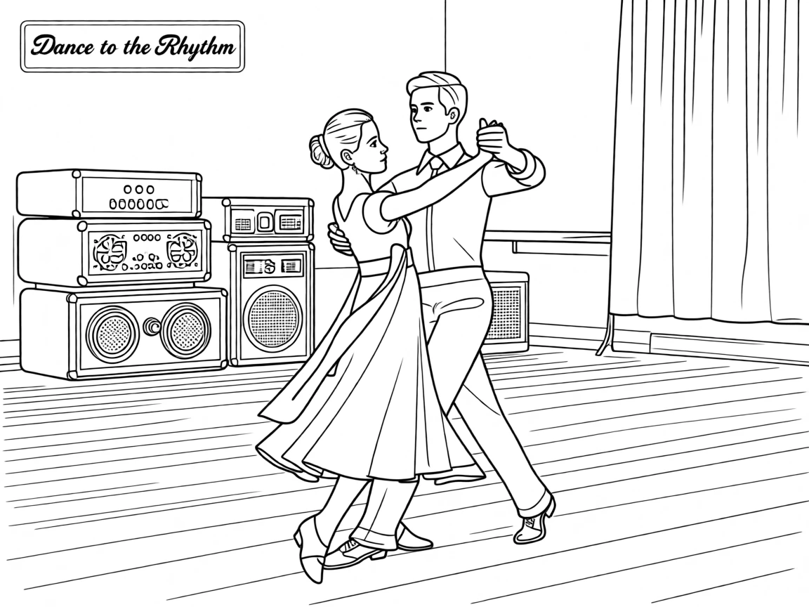 A pair of ballroom dancers gliding across a polished floor, with amplifiers stacked in the background.
