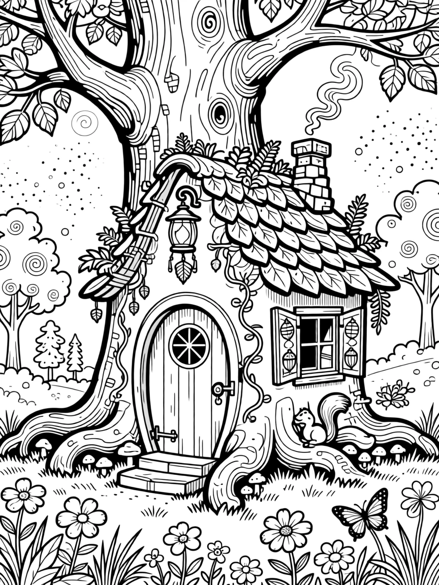 A gnome's cottage built into the base of a giant oak tree.