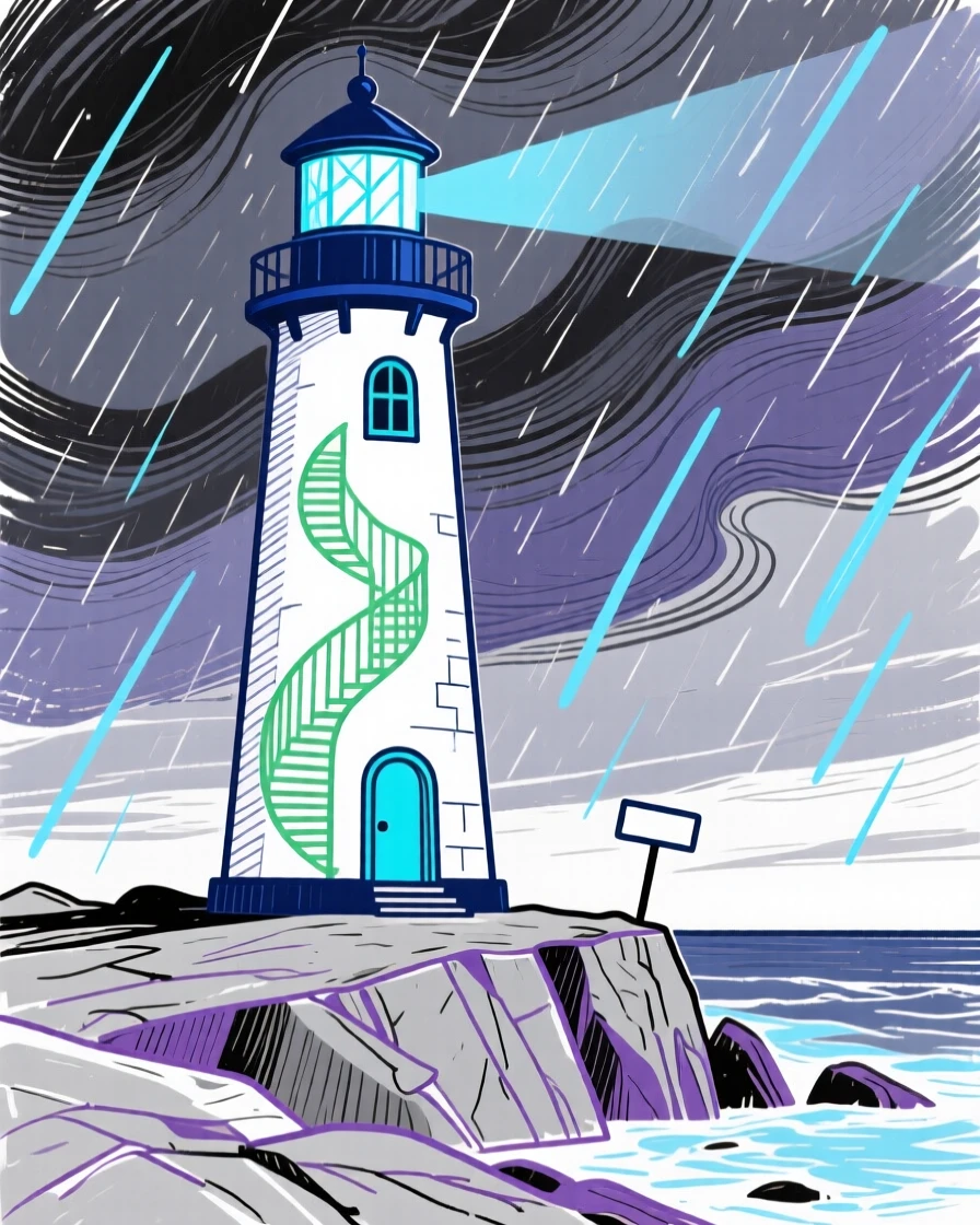 A coastal lighthouse standing against a stormy sky.