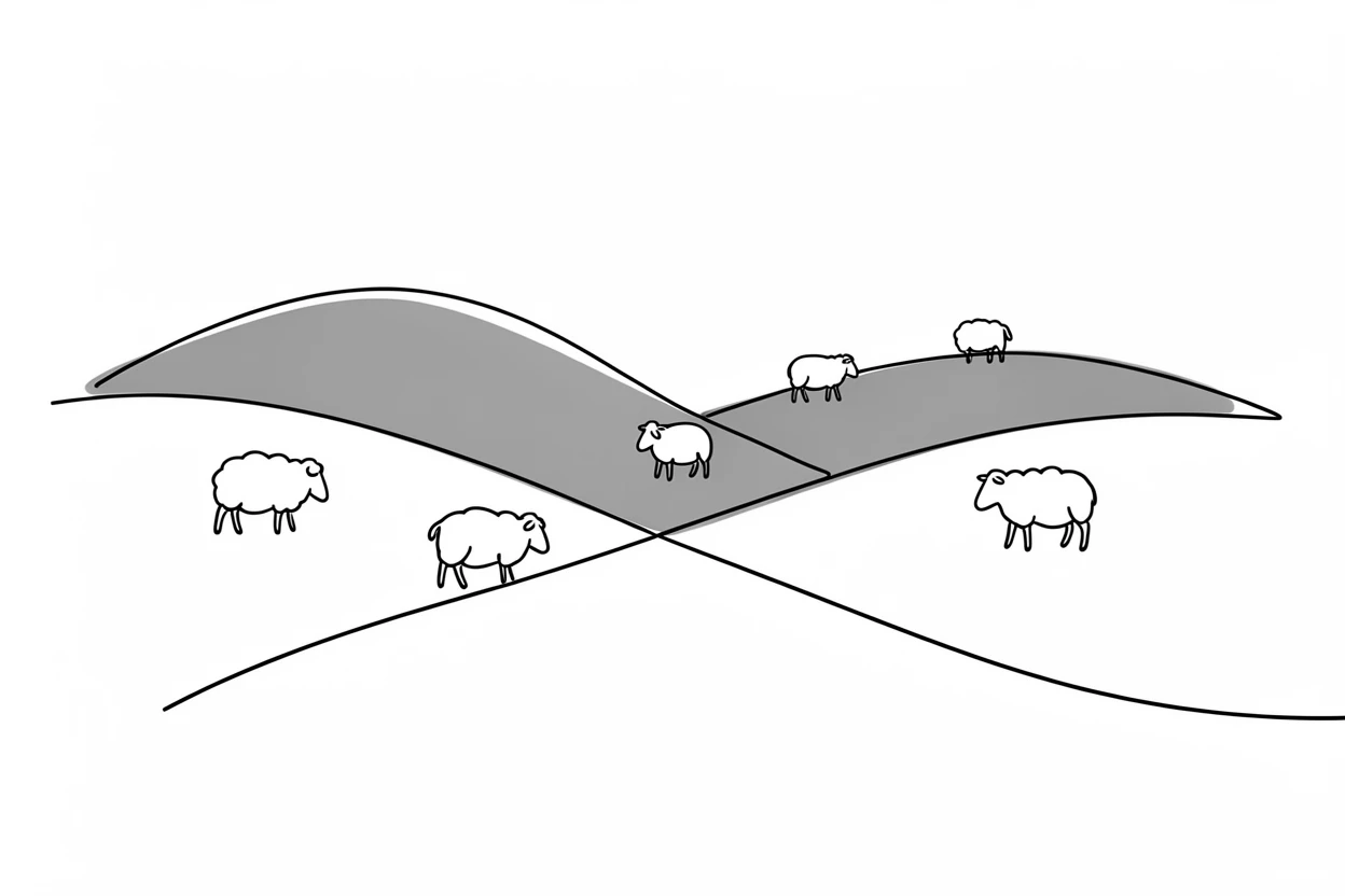 A rolling countryside of green hills dotted with grazing sheep