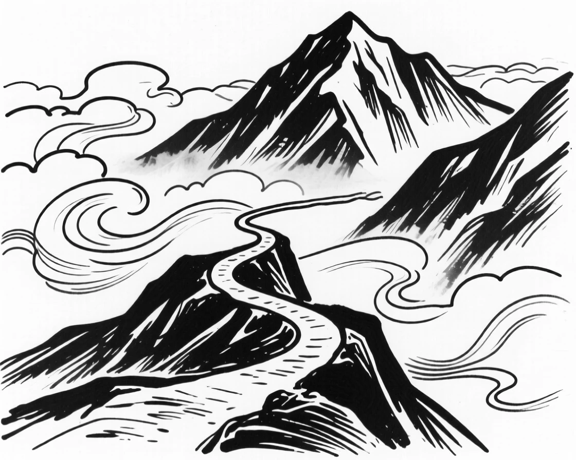A high mountain pass with a winding trail disappearing into the clouds.