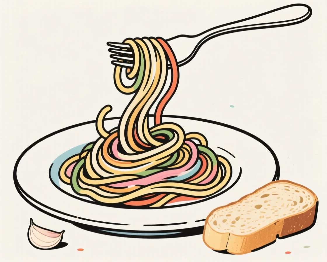 A plate of spaghetti twirled around a fork with a side of garlic bread.