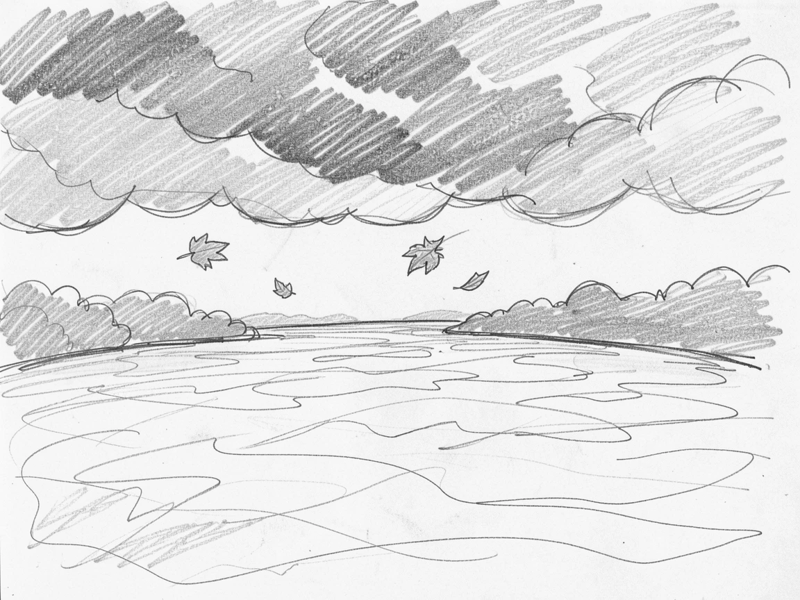 A breathtaking view of a tropical lagoon, beneath dramatic storm clouds, with autumn leaves drifting on the breeze.