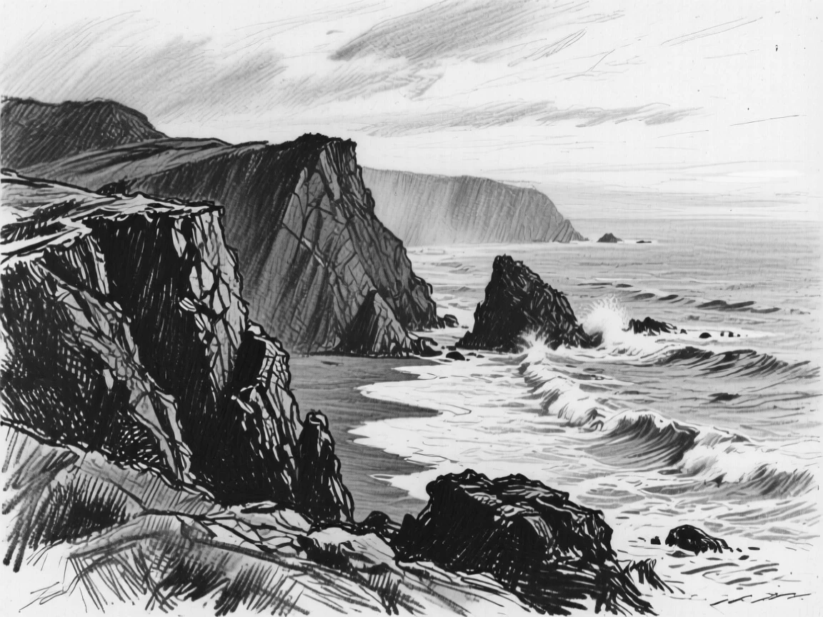 A rugged coastline as morning dew glistens on every surface.