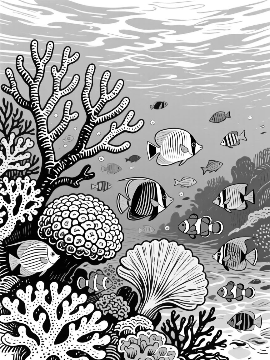 A vibrant coral reef teeming with colorful fish beneath clear turquoise water.