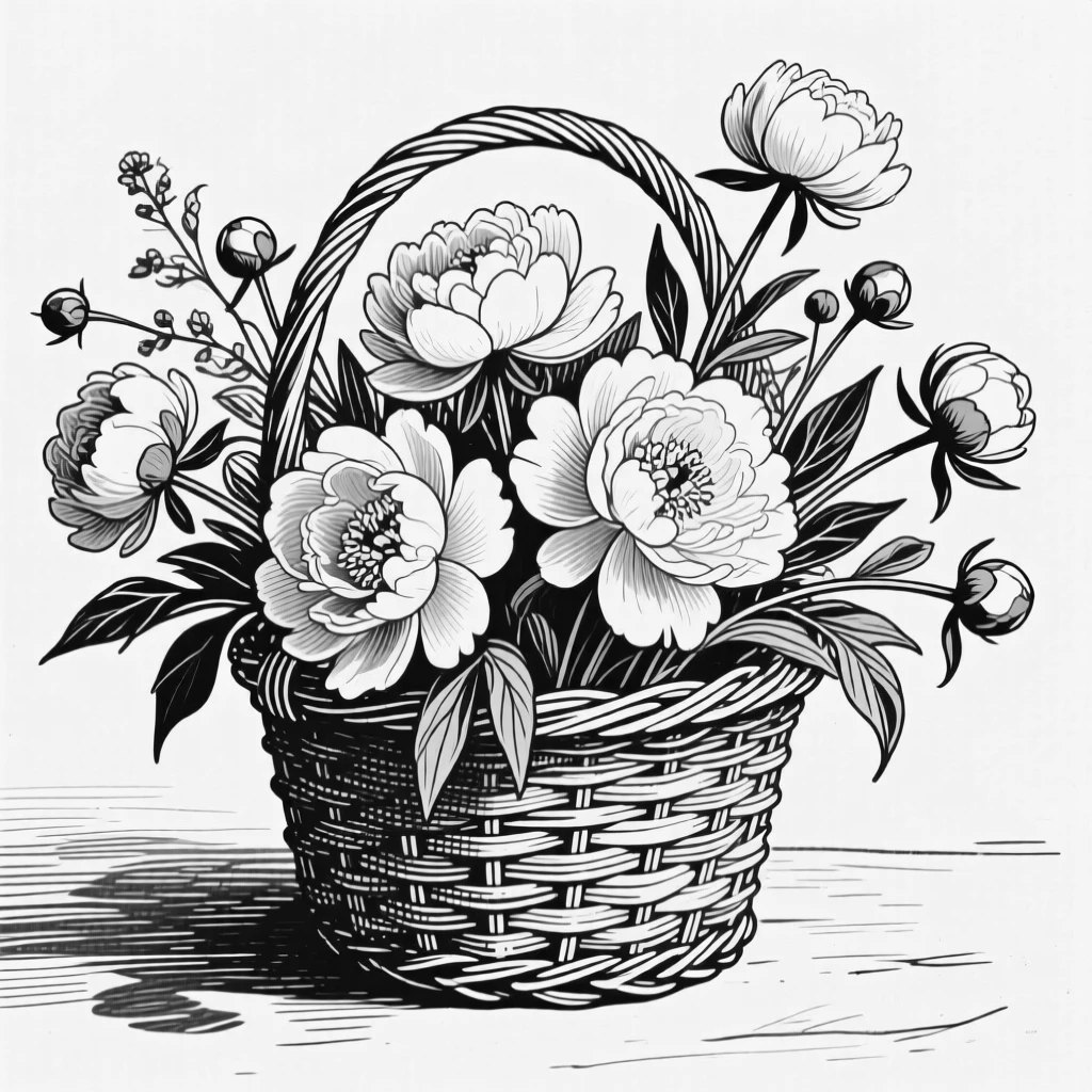 A bouquet of wild peonies spilling out of a wicker basket, with soft shadows falling across the petals, composed in a fresh and vibrant still-life arrangement.