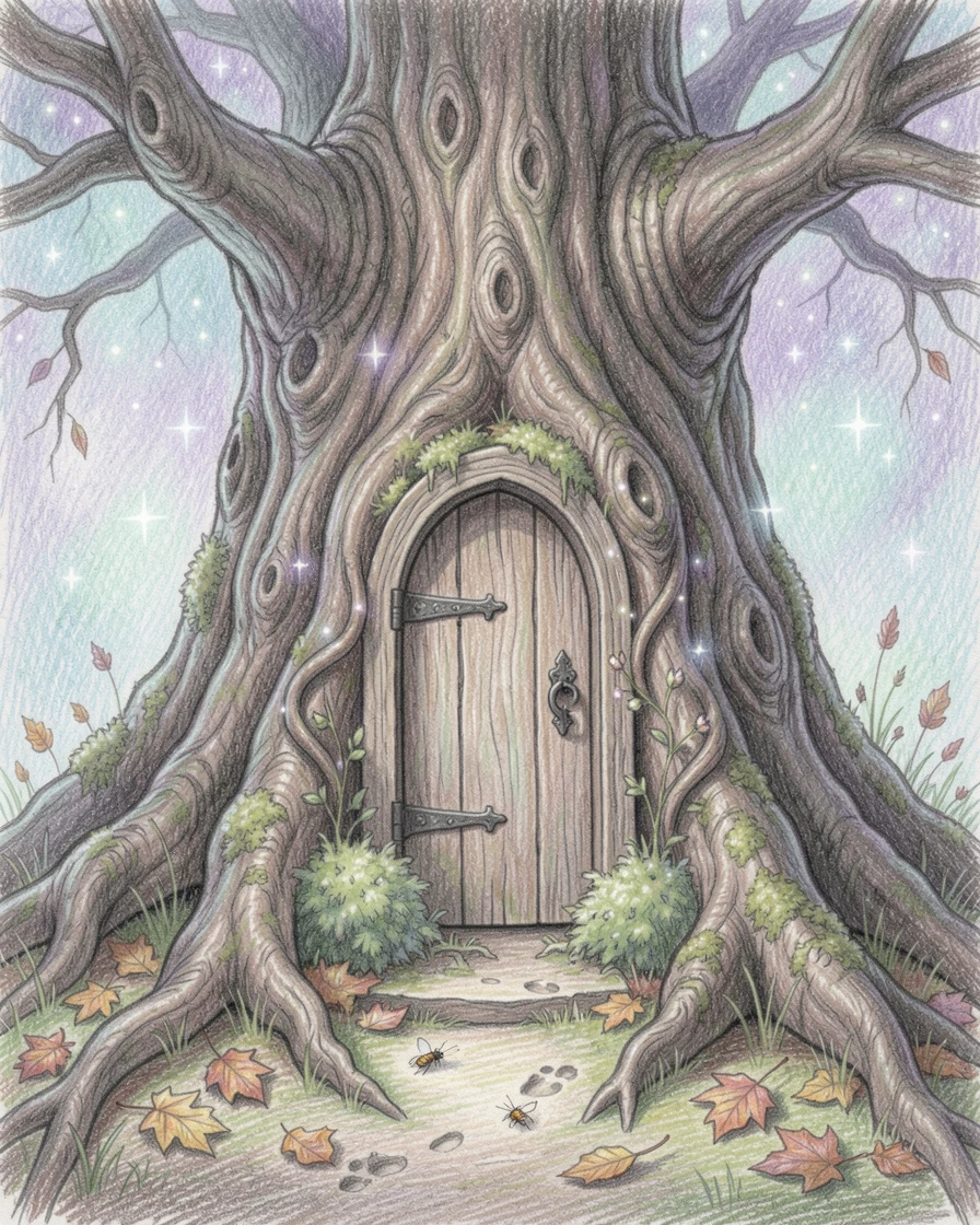 A hidden fairy door nestled at the base of an old oak tree, bathed in an otherworldly blend of moonlight and magic, full of mystery, beauty, and imaginative charm.