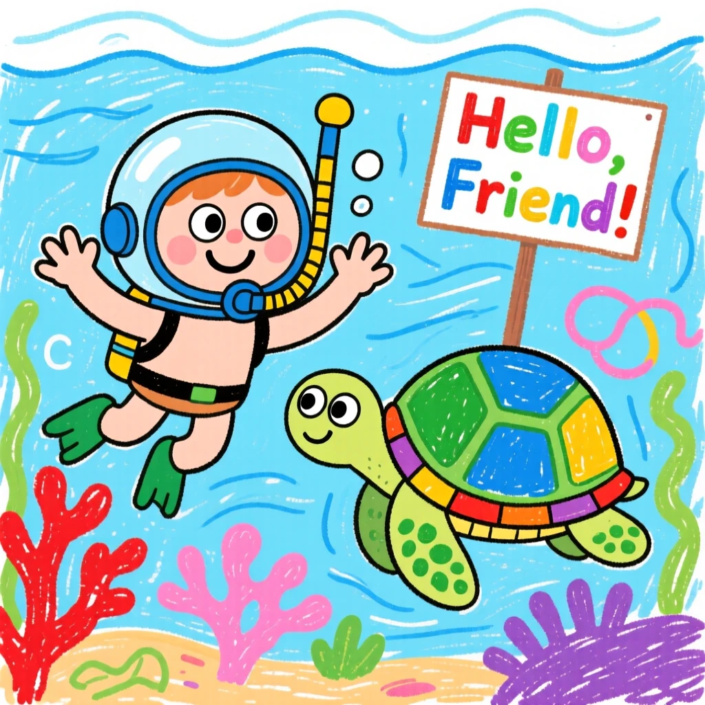 A diver waving to a curious sea turtle.