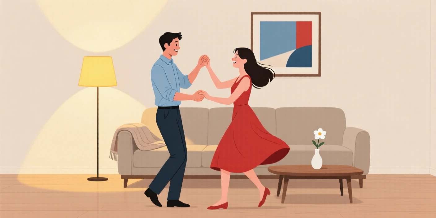 A young couple dancing together in a softly lit living room.