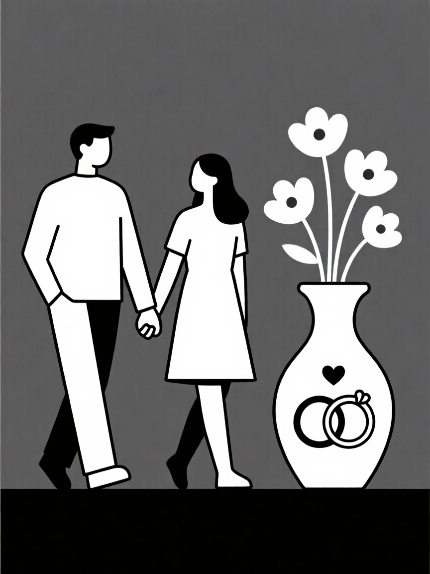 A portrait of a couple walking hand in hand near fresh flowers in a vase, filled with shared belonging.