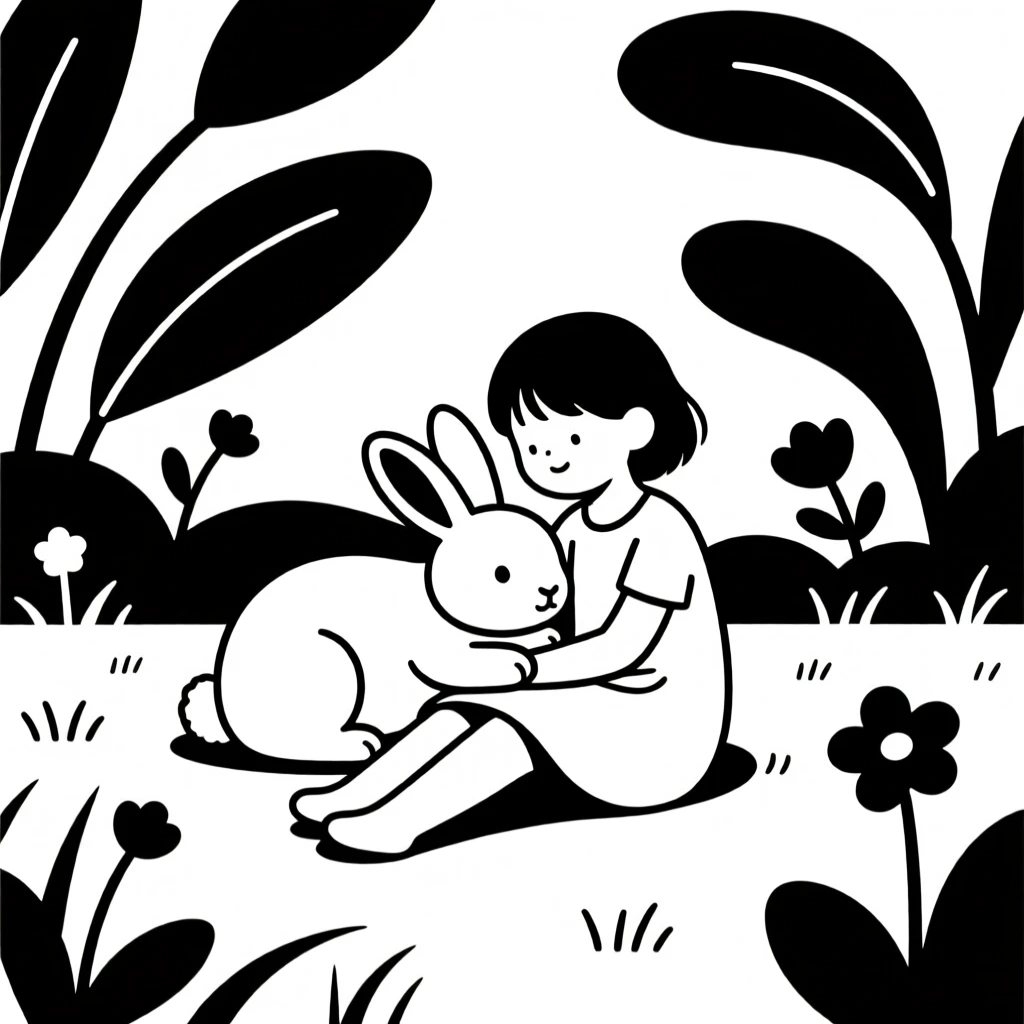 A rabbit in a garden resting its head on a child's lap.