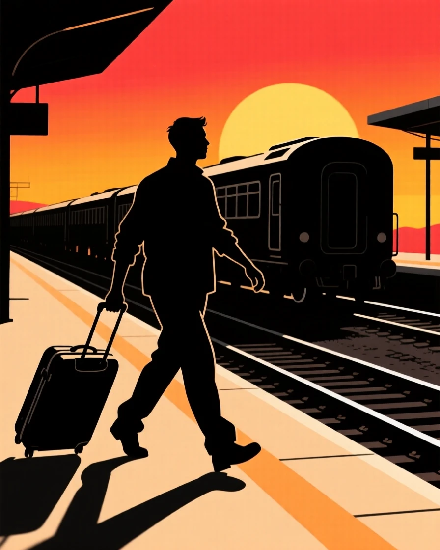 A traveler pulling a suitcase across a train platform as a train pulls away.