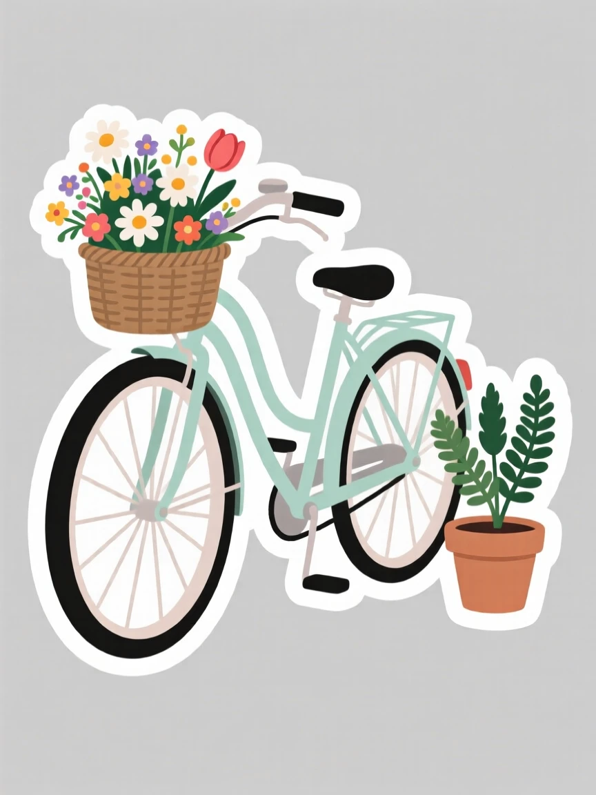 A quietly beautiful bicycle with a flower basket, displayed next to a small potted fern, during a peaceful weekend morning.