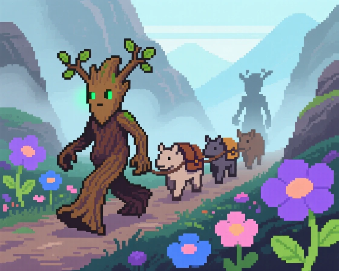 A treant sapling taking its first steps leading a caravan through a misty pass, within a garden of oversized enchanted flowers.