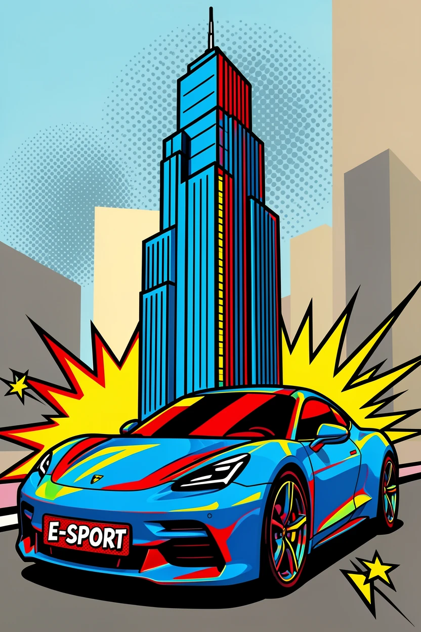 A sleek electric sports car parked before a skyscraper