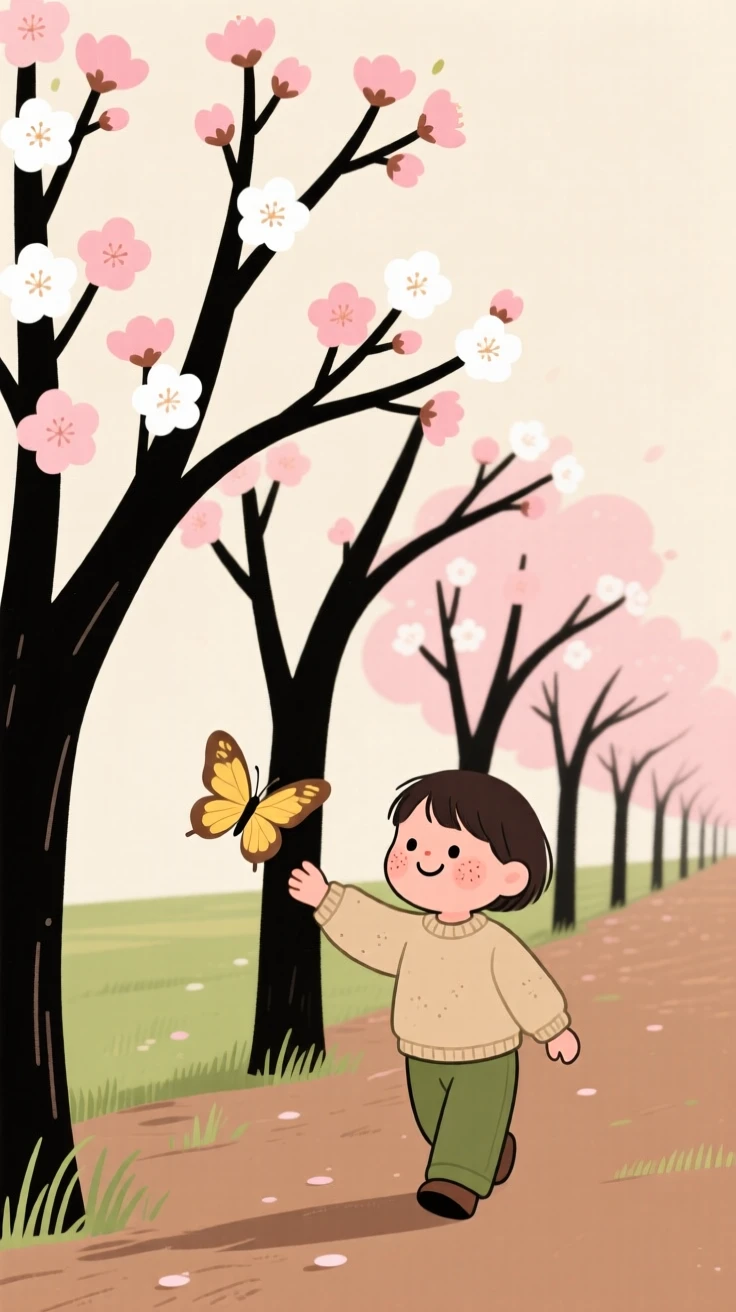 The first blossoms of spring open along a row of cherry trees as a child chasing a butterfly walks slowly by, pausing to admire the color in the mild morning air.