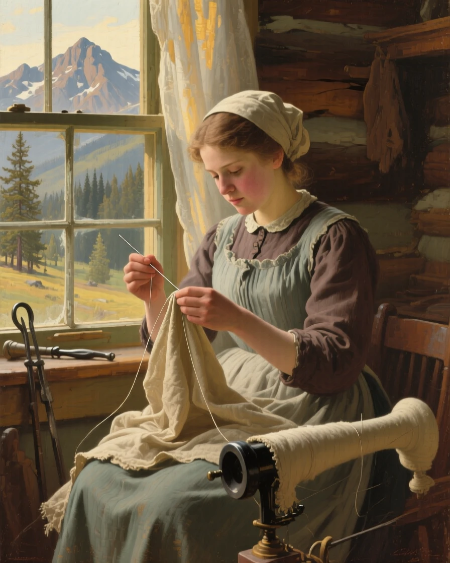 A medium shot of a seamstress threading a needle by a sunlit window, in the 1890s, in the Canadian Rockies.