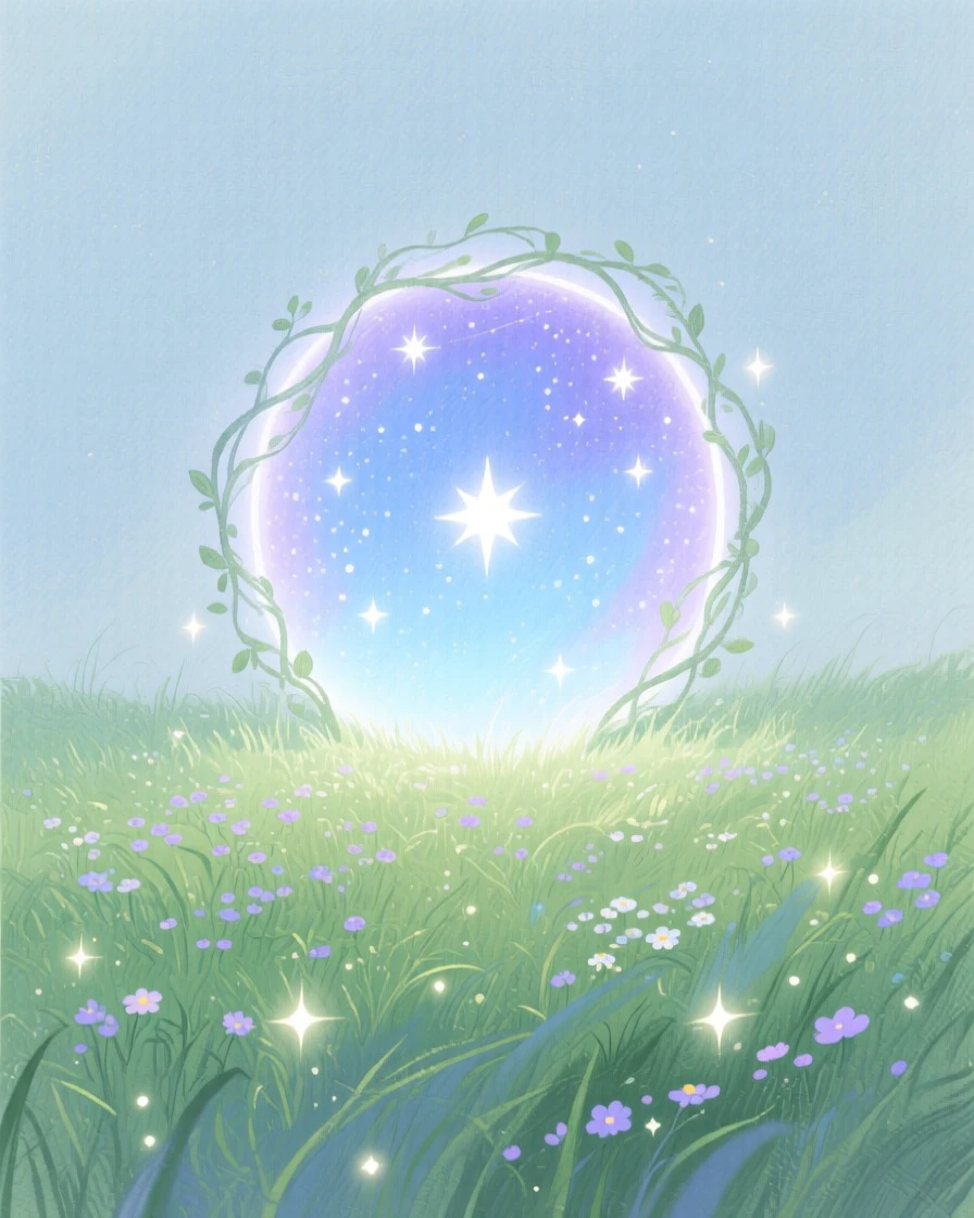 A dreamlike scene of a starlit portal meadow, glowing softly with magical light, inviting quiet wonder and imagination