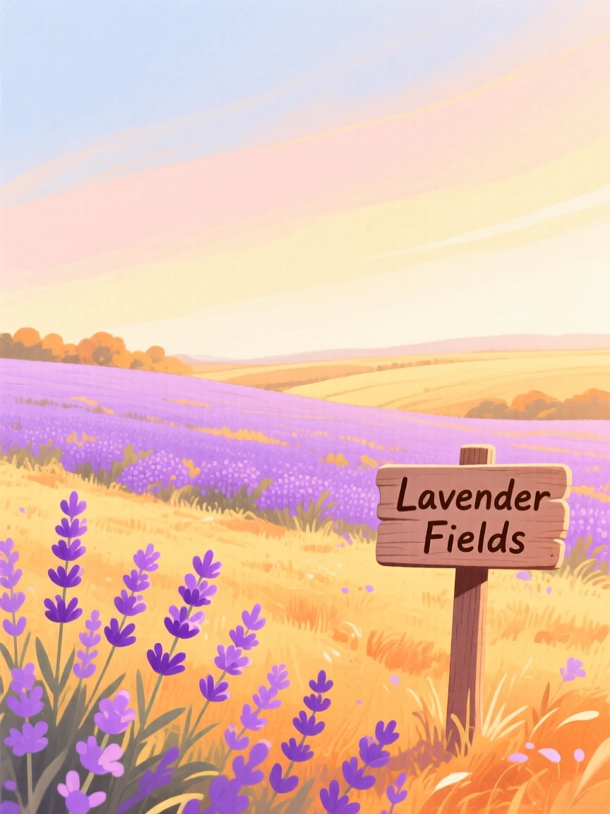 A field of lavender stretching to the horizon bathed in warm light during golden autumn.
