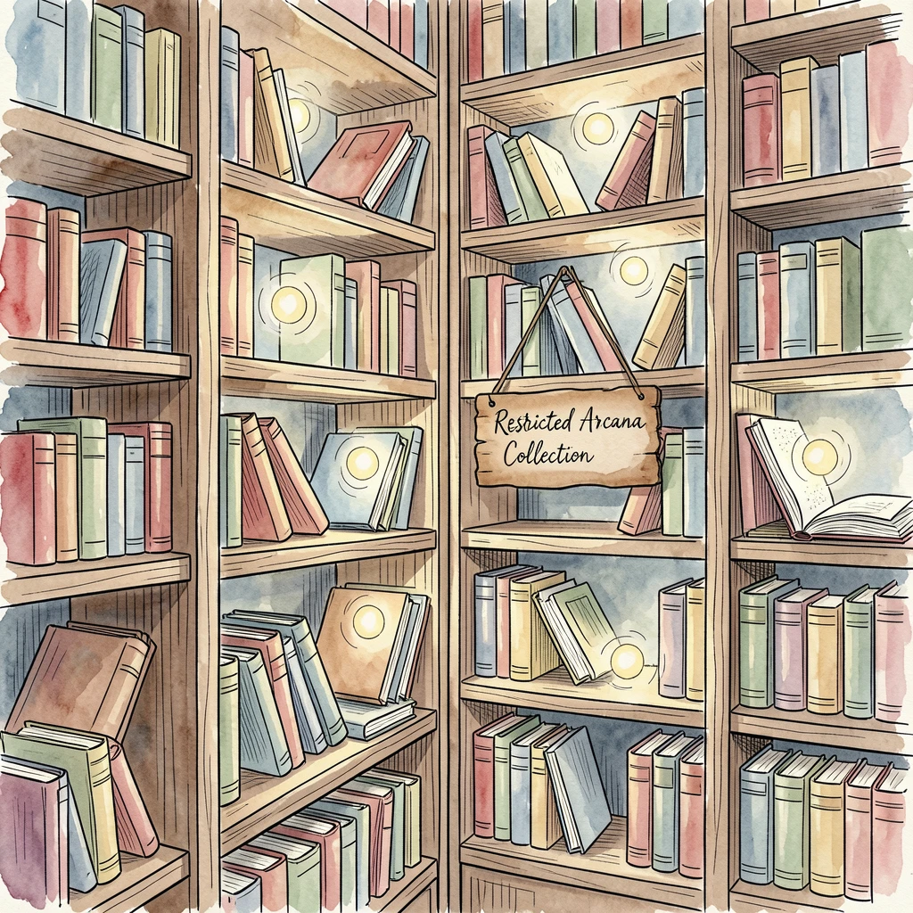 A hidden library filled with floating books and glowing orbs of magical light drifting between shelves