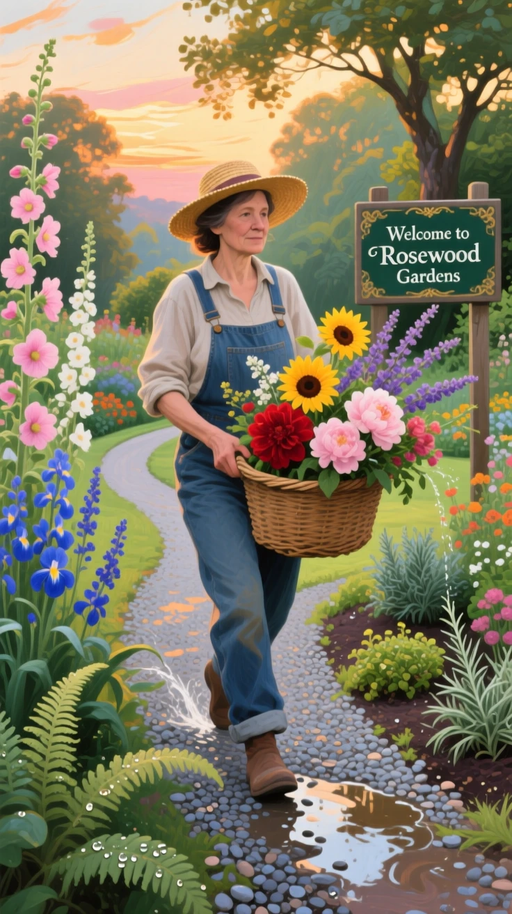 a gardener carrying fresh-cut flowers along a gravel path, just after watering, composed along a natural leading line.