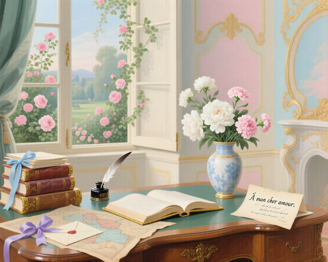A peaceful writing room with maps, letters, books, and garden views  