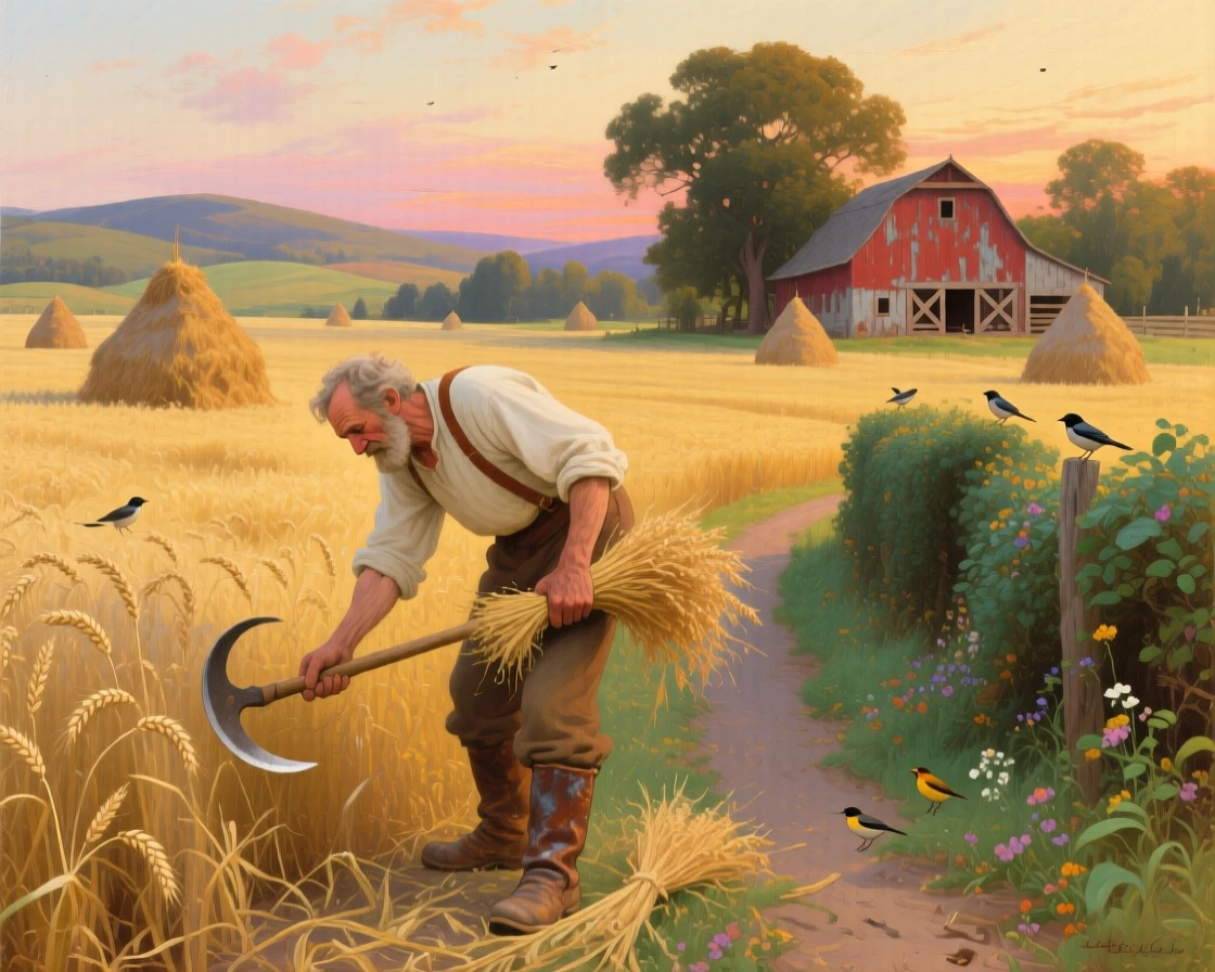 An old farmhand harvests wheat in a field dotted with haystacks as birds sing from the hedgerows.