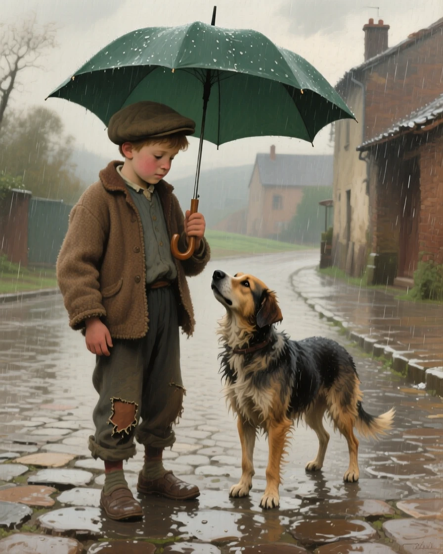 A young boy sharing his umbrella with a stray dog in the pouring rain, with the background softly blurred to keep attention on their face, radiating authenticity and heartfelt sincerity