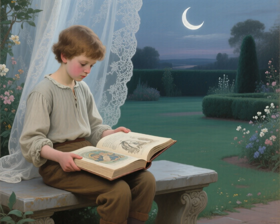 A young reader lost in an enormous illustrated storybook as if pulled directly from a cherished tale, set within a moonlit garden fit for legend, with a crescent moon rising behind delicate lace curtains; the composition frames the central figure like a page brought to life, evoking nostalgia, wonder, and the timeless magic of storytelling.