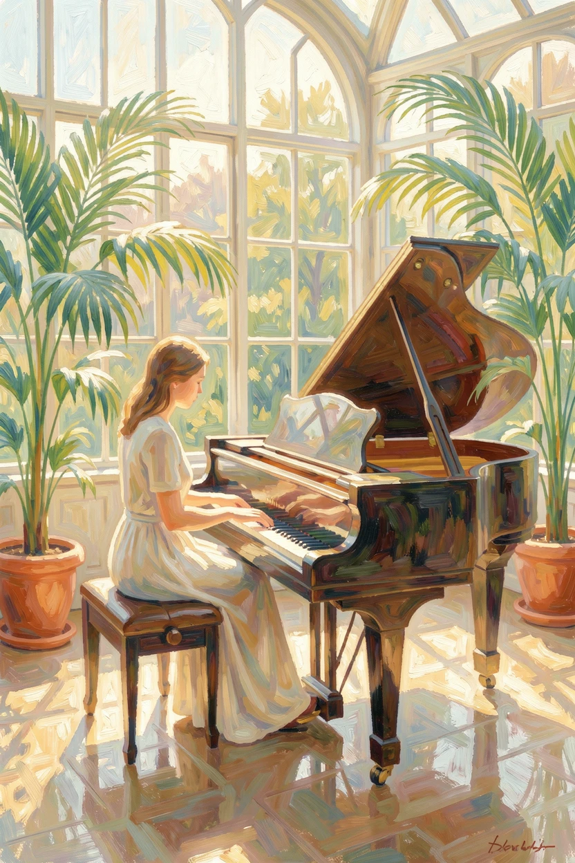 A pianist lost in thought at a grand piano in a sunlit conservatory filled with potted palms.