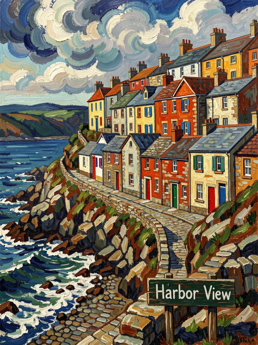 A row of terraced houses climbing a steep hill in a coastal Welsh town.