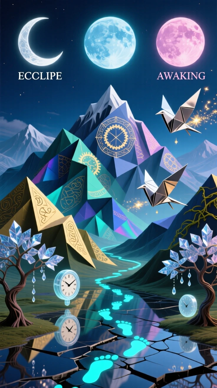 A mountain range that folds and unfolds like paper origami lies silent under the pale glow of three distant moons, while a trail of glowing footprints marks a path forward.