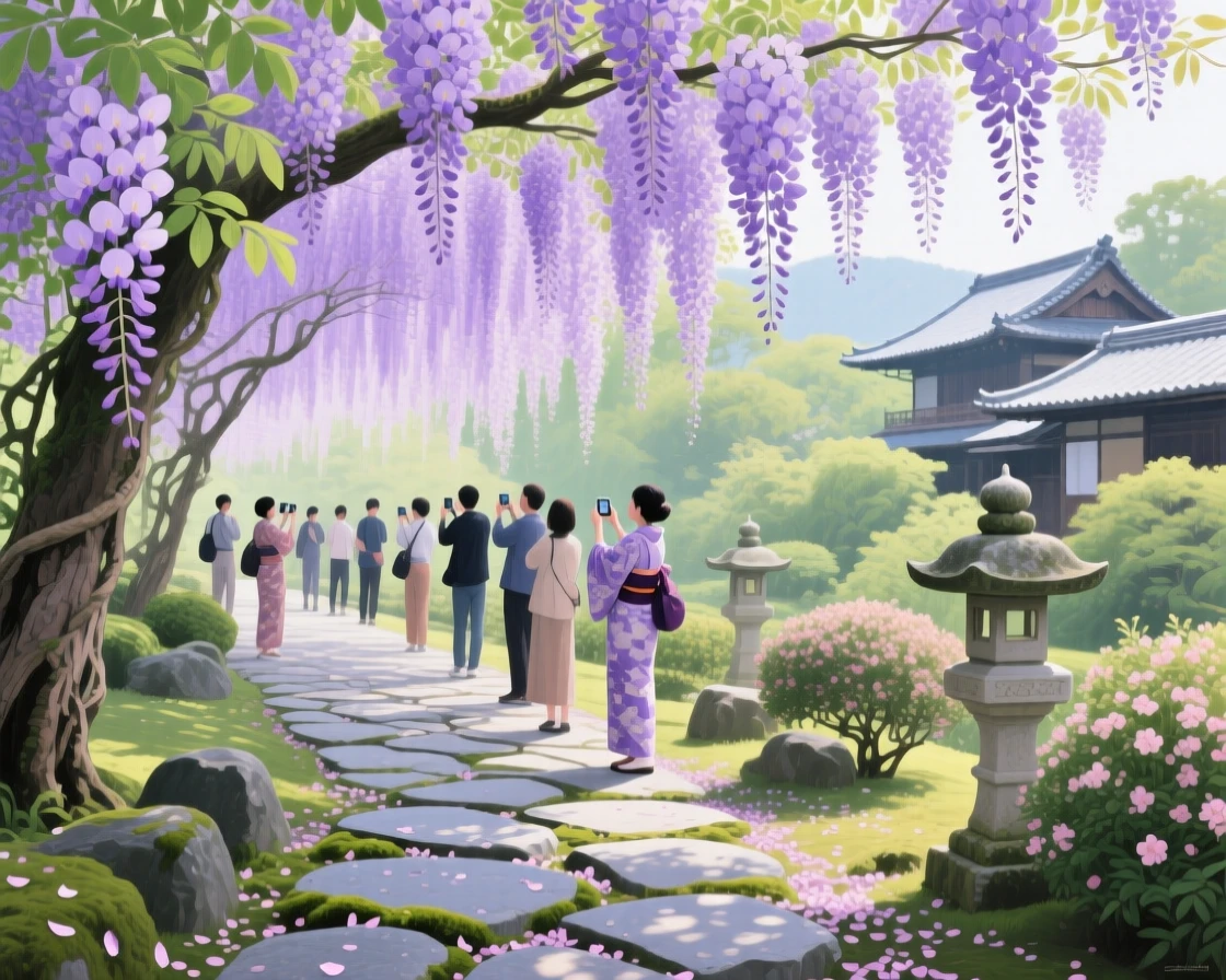 A cascading wisteria arbor drips with lavender blossoms over a stone garden path in Kyoto, visitors pausing beneath the fragrant curtain of flowers to take photographs, the composition balancing a wide sweeping view with intimate, carefully observed foreground detail.