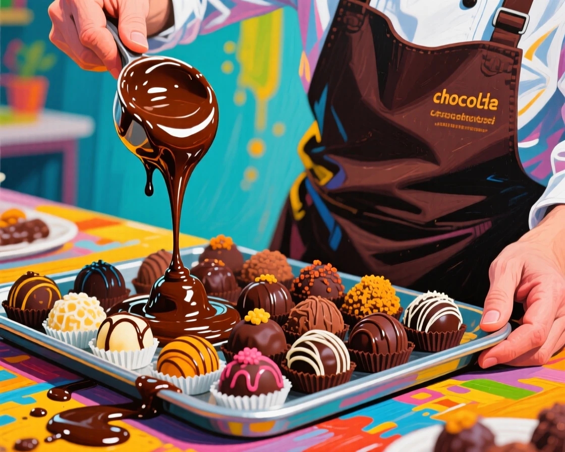 A chocolatier drizzling glossy melted chocolate over a tray of handmade truffles