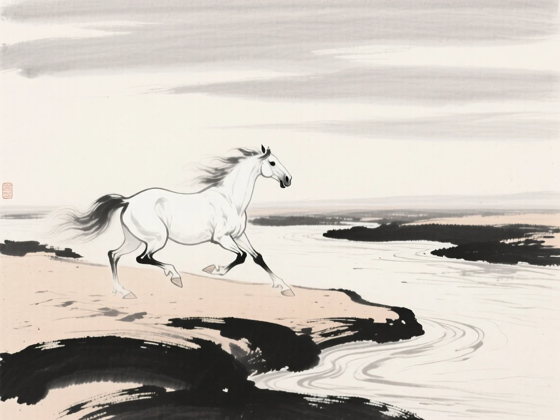 A single white horse runs along a sandy riverbank, beneath a vast open sky.