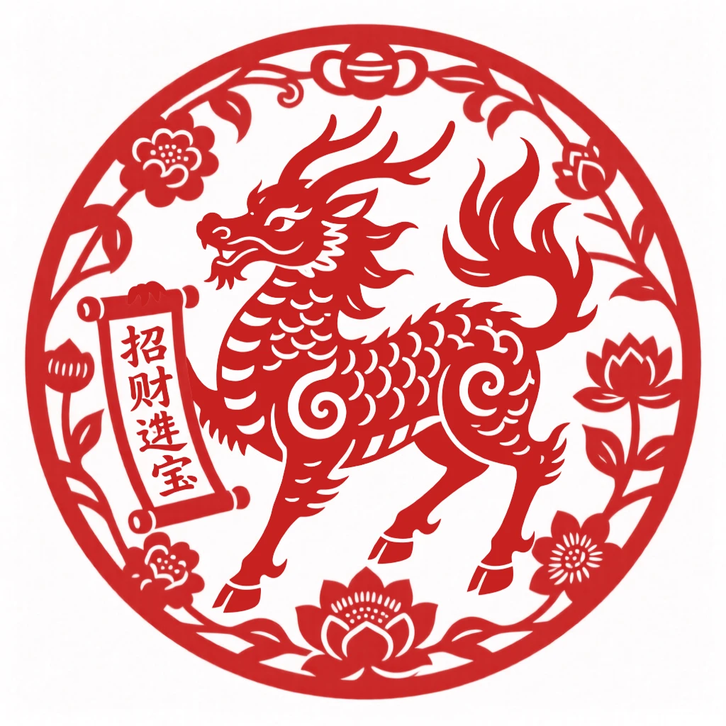 A qilin bearing a scroll, arranged within a circular medallion, symbolizing wealth and enduring good fortune.