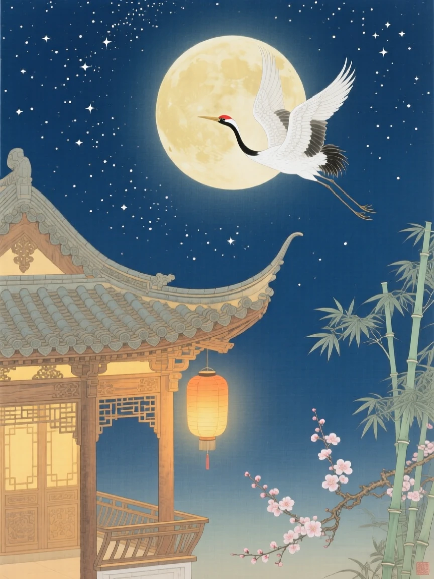 A lone pavilion glowing warmly beneath a starlit sky, with a single crane flying across the moon