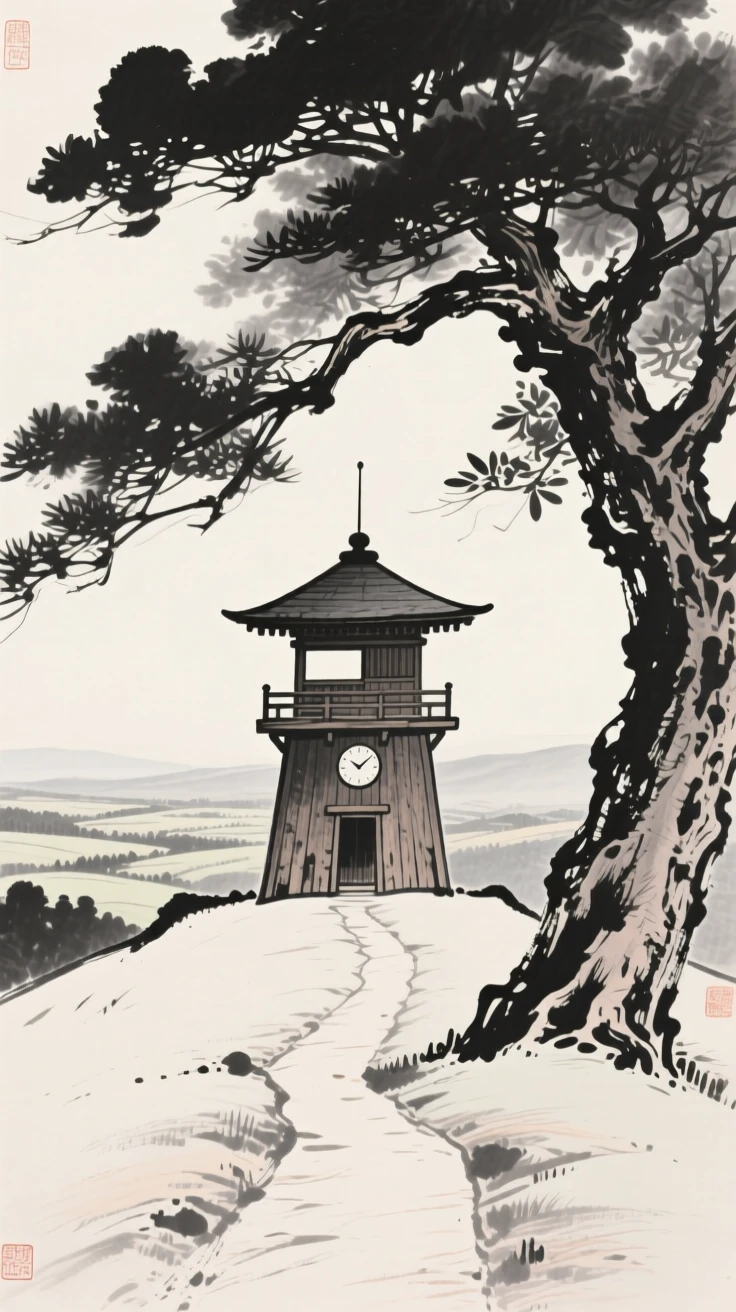 A wooden watchtower overlooking a valley beneath the shade of an ancient tree, framed symmetrically along a central path, evoking centuries of quiet history and devotion.