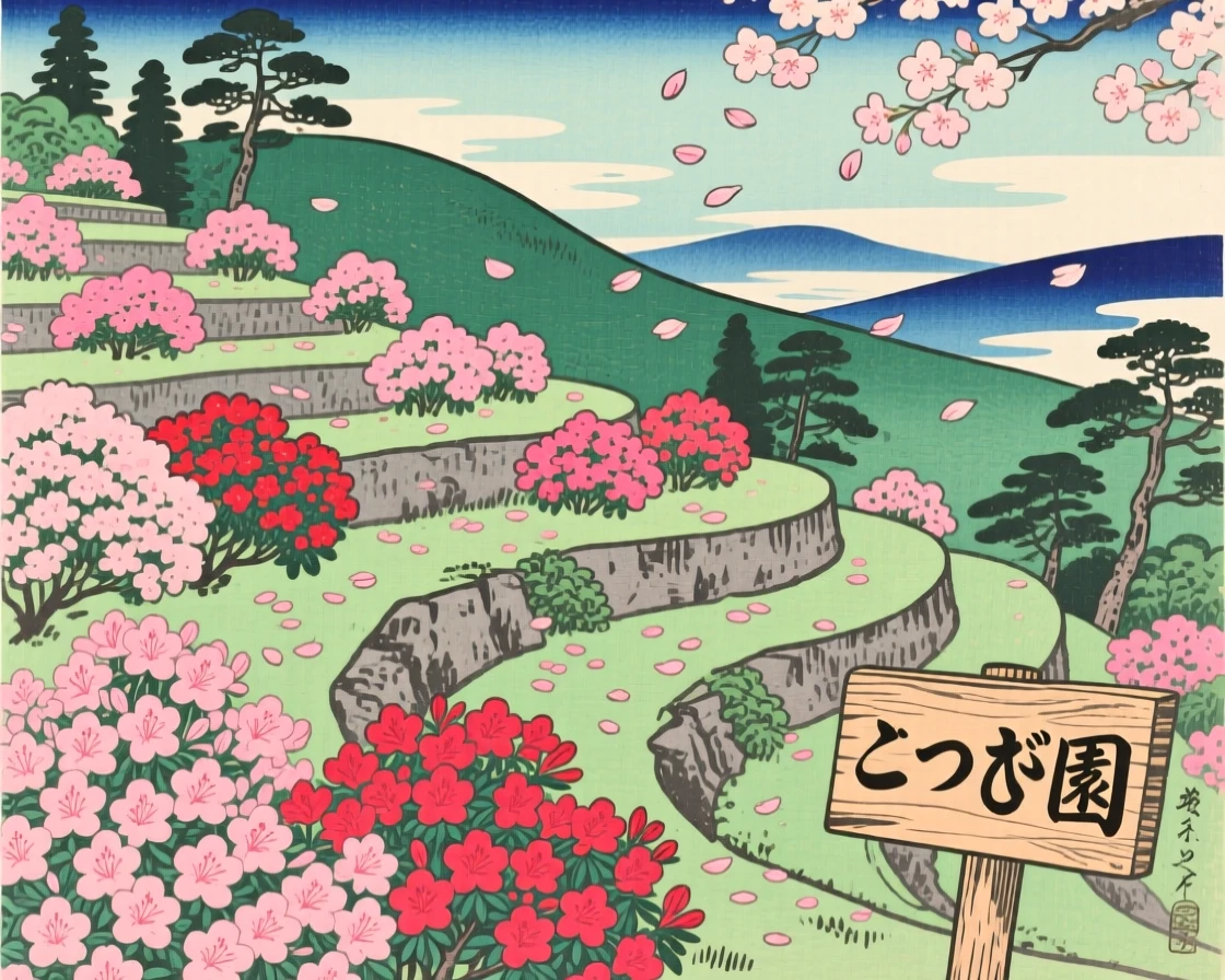 A terraced azalea garden, dotted with drifting cherry blossom petals.