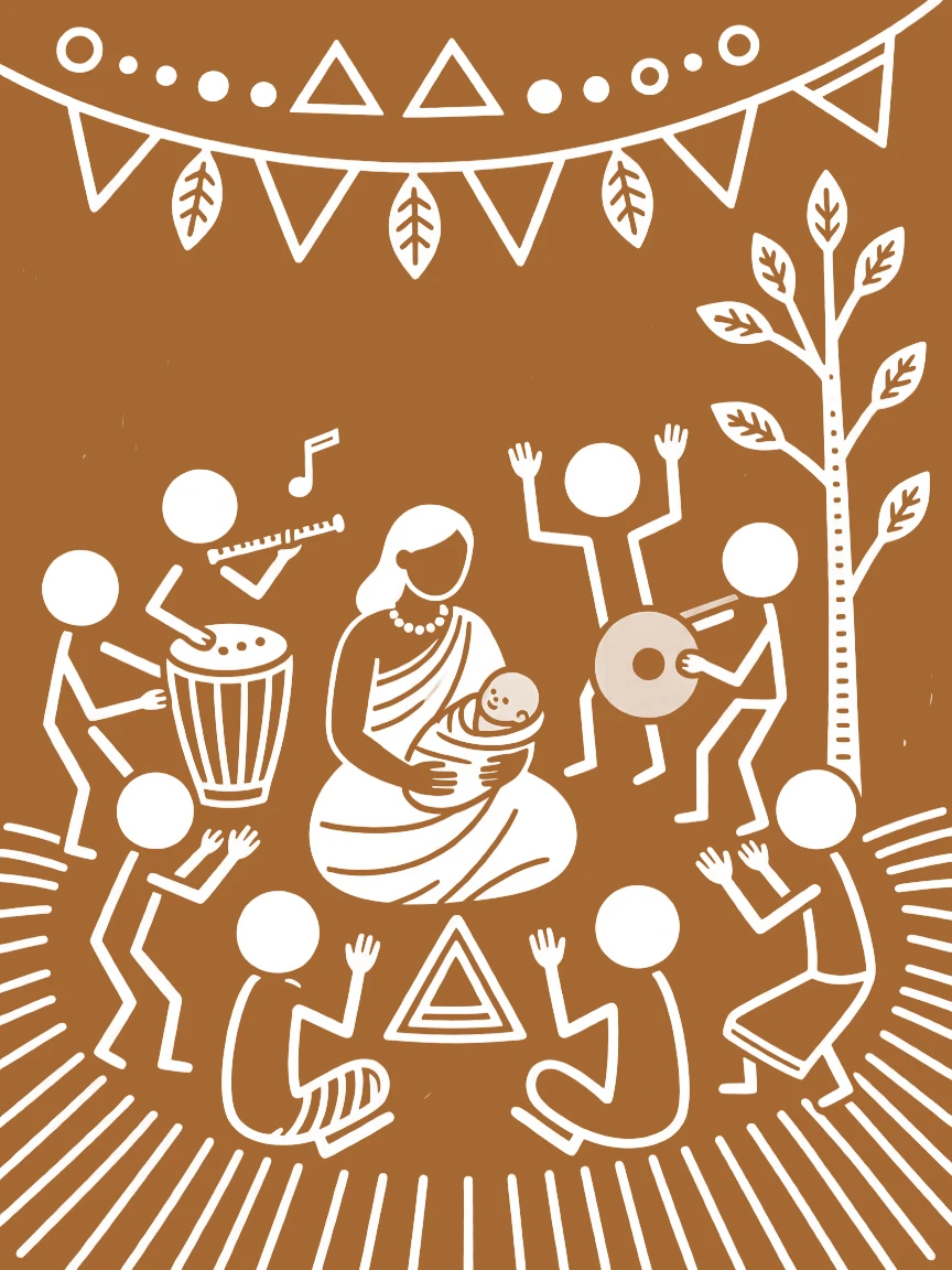 A naming ceremony for a newborn celebrated as musicians play traditional instruments together.