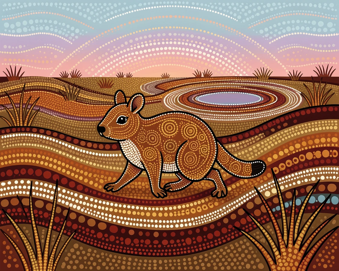 A quokka crossing an open grassland at dawn