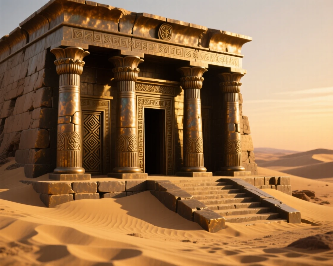 An ancient desert temple half-buried in golden sand, glowing softly in the light of dusk, exuding timeless grandeur