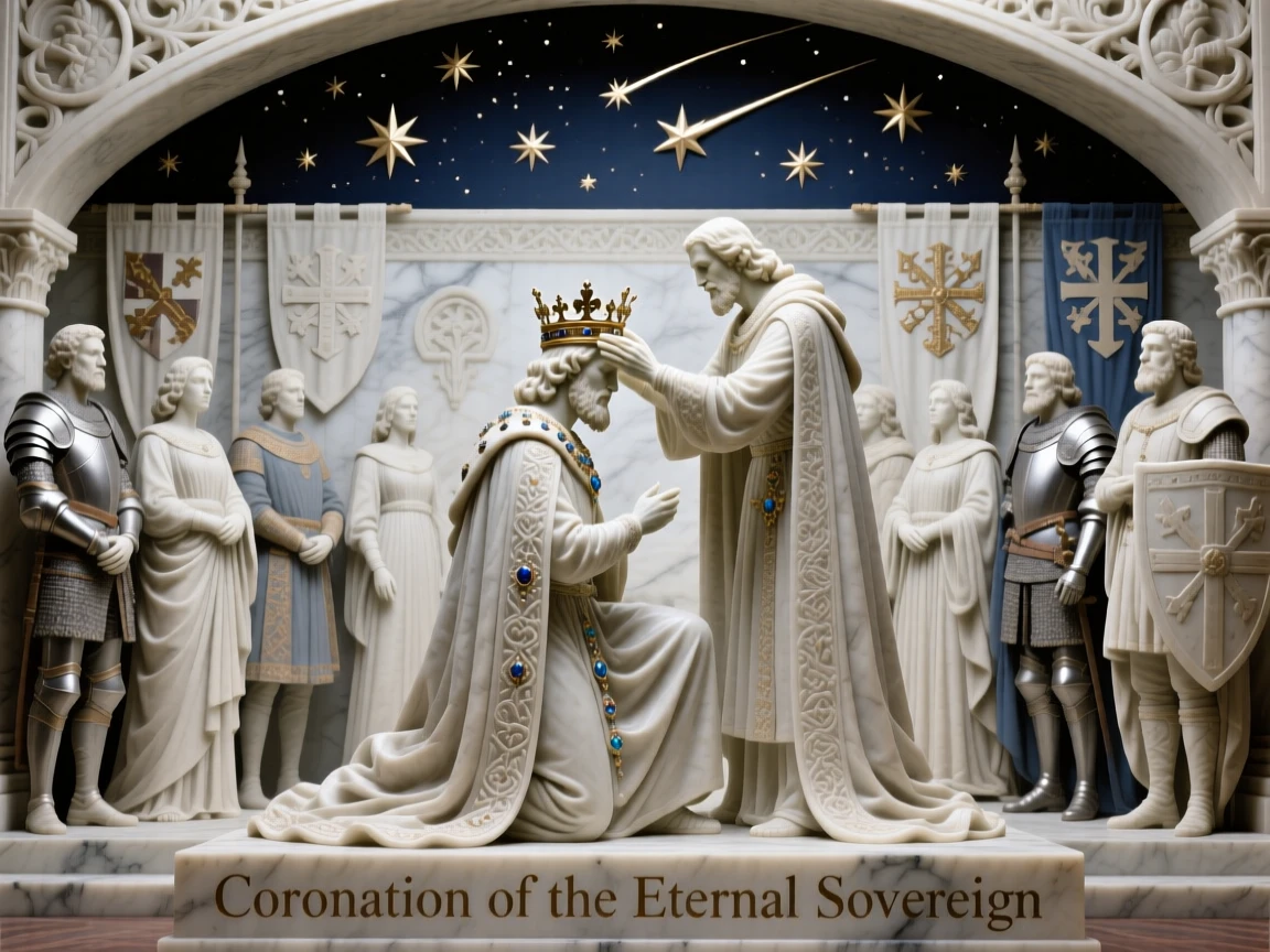 An epic scene of a medieval king being crowned before his court, under a sky filled with shooting stars, evoking myth and grandeur
