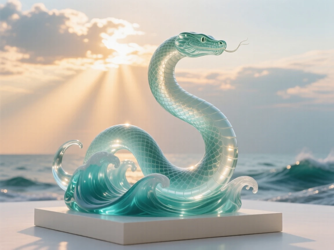 A sea serpent rising from turquoise waves at golden hour with warm rays breaking through the clouds, epic scale composition, inspiring a sense of wonder and hope.