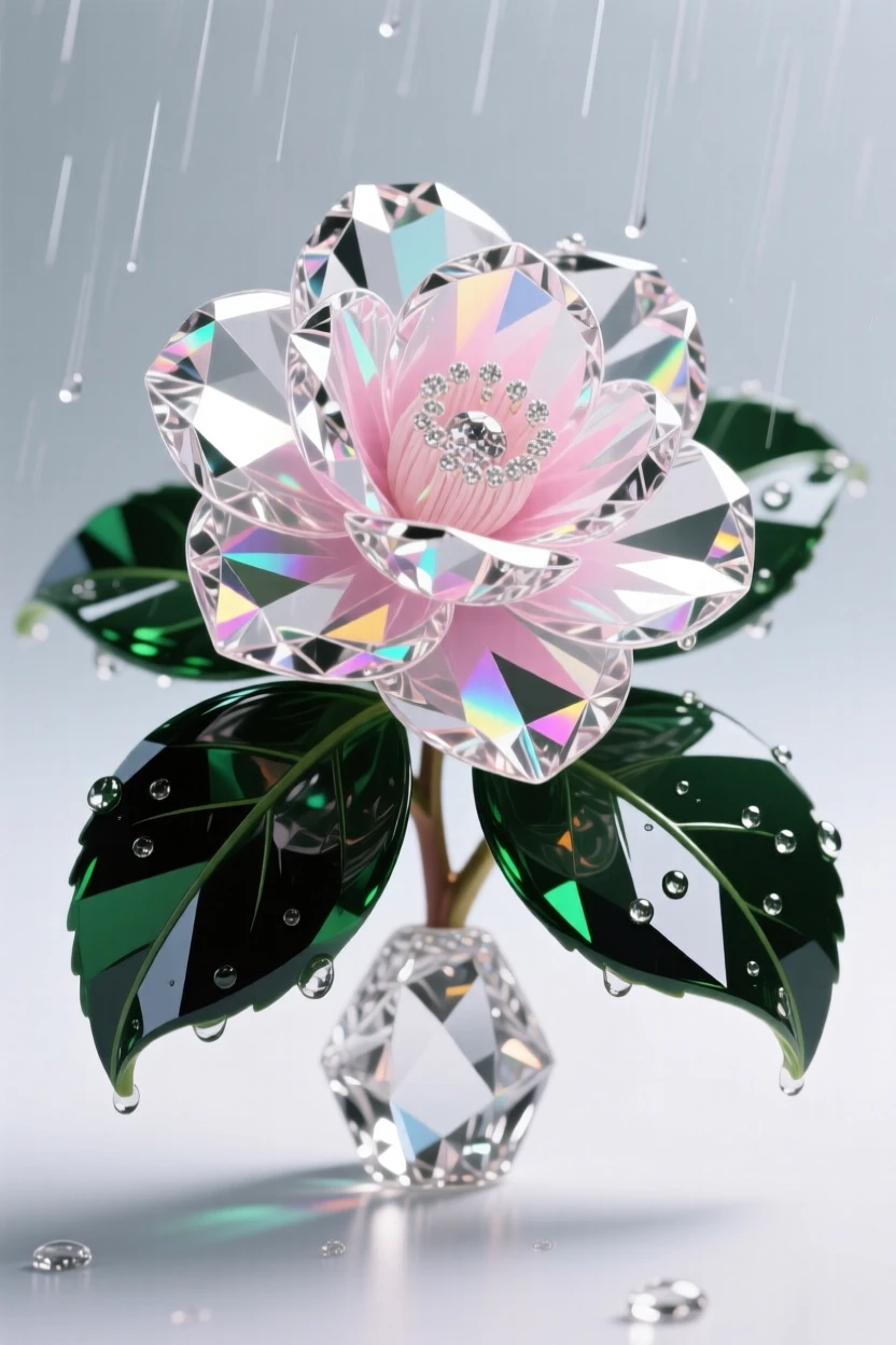 A single camellia blossom resting on dark green glossy leaves after rain.
